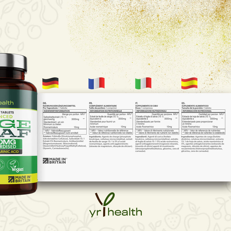 [Australia] - Sage Tablets 3000mg High Strength for Hot Flushes, Night Sweats and Menopause Symptoms - 90 Vegan Tablets not Capsules - Standardised 10mg Rosmarinic Acid - Made in The UK by YrHealth 