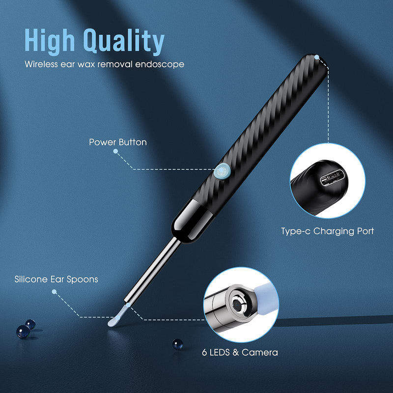 [Australia] - Ear Wax Removal - Earwax Remover Tool with 8 Pcs Ear Set - Ear Cleaner with Camera - Earwax Removal Kit with Light - Ear Camera with 6 Ear Spoon - Ear Cleaner for iOS & Android (Black) Black 