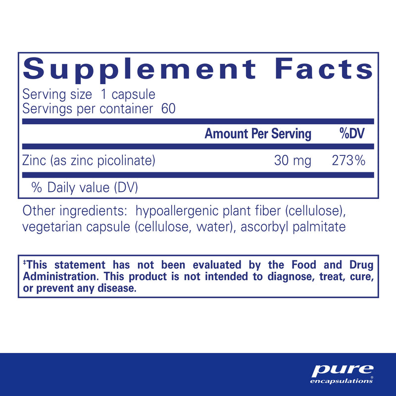 [Australia] - Pure Encapsulations Zinc 30 mg | Zinc Picolinate Supplement for Immune System Support, Growth and Development, Wound Healing, Prostate, and Reproductive Health* | 60 Capsules 60 Count (Pack of 1) 
