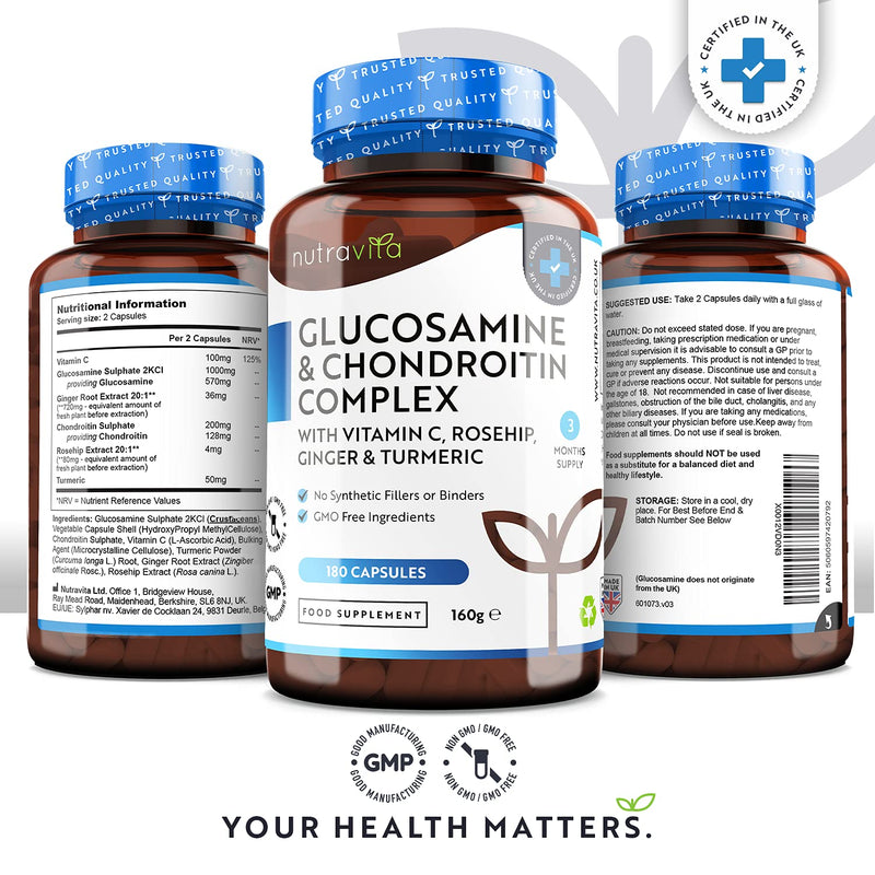 [Australia] - Glucosamine and Chondroitin Complex – 180 High Strength Capsules – Contributes to The Maintenance of Normal Immune System – with Vitamin C, Turmeric, Ginger and Rosehip – Made in The UK by Nutravita 