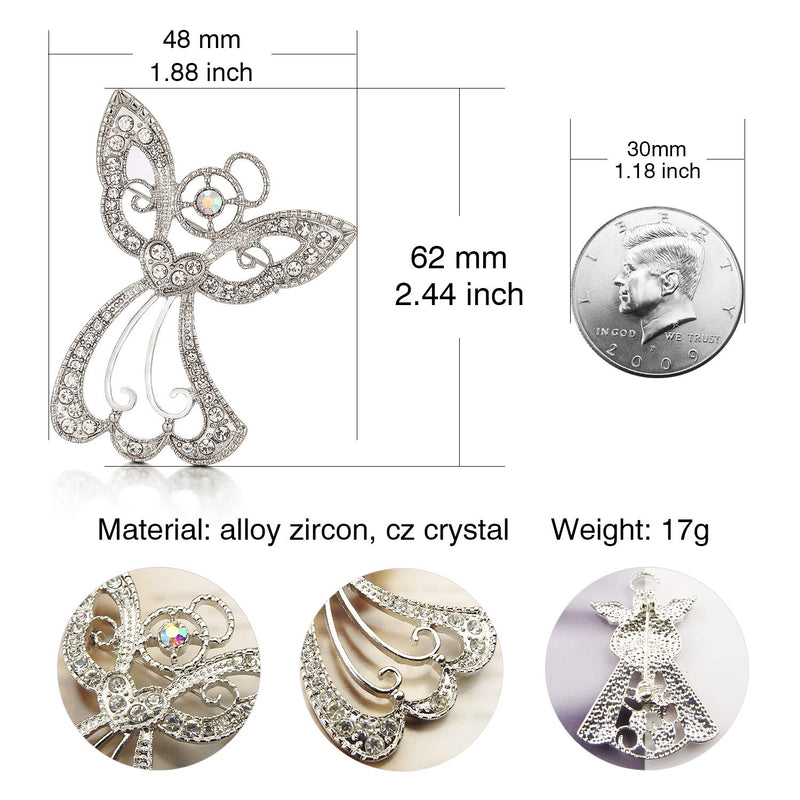 [Australia] - RareLove Big Size 2.44" Vintage Angel Hollow Wing Heart Christmas Pins and Brooches CZ Crystal Embed Brooch Pin Gift For Women Girls Alloy Silver Plated 