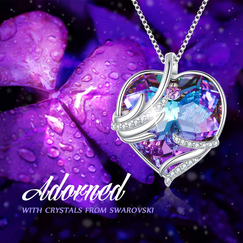 [Australia] - EleQueen Angel Wings Swarovski Crystals Heart Necklace CZ Silver Tone Bermuda Blue/Purple Pendant Christmas Jewelry Gifts for Women Girls Purple 