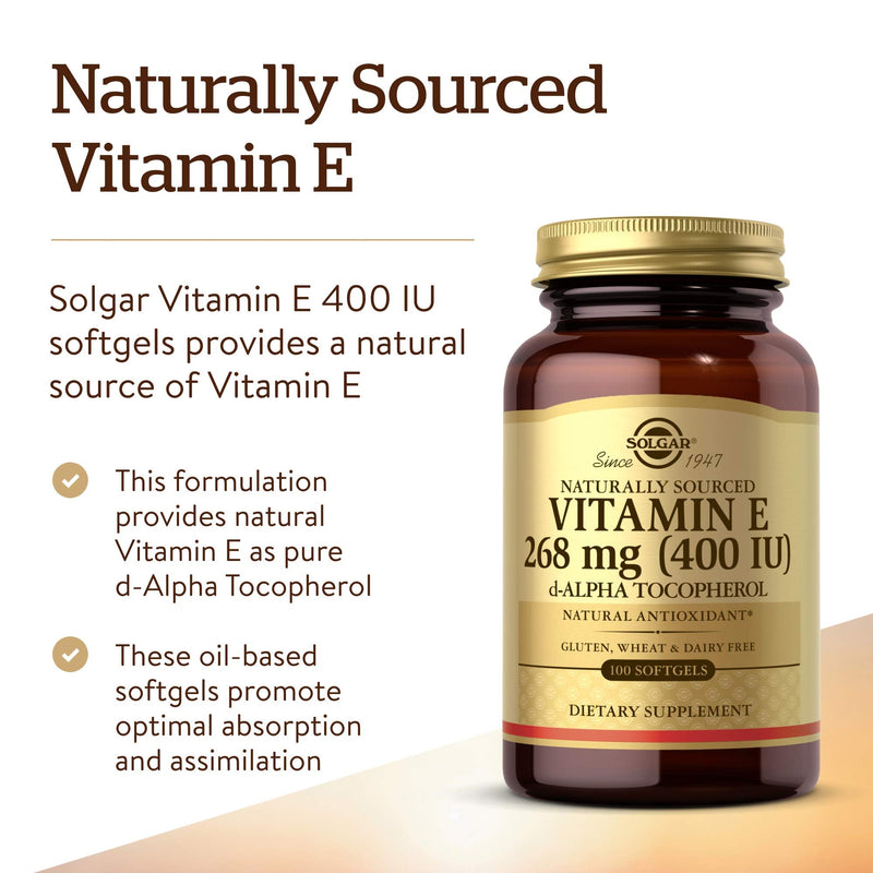 [Australia] - Solgar Natural Source Vitamin E 268 mg (400 IU) Softgels - Pack of 100 - Protects Cells From Oxidative Stress - Immune System Support - Vegan and Gluten Free 100 Count (Pack of 1) 