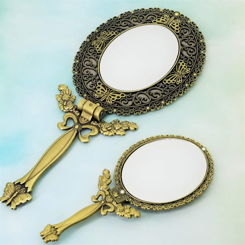 [Australia] - GoldenTBox Vintage Antique Decorative Metal Handheld Portable Cosmetic Mirror Gift Set of 2 for Traveling, Birthday, Wedding Anniversary, Valentine's Day, Mother’s Day (Matte Gold) Matte Gold 