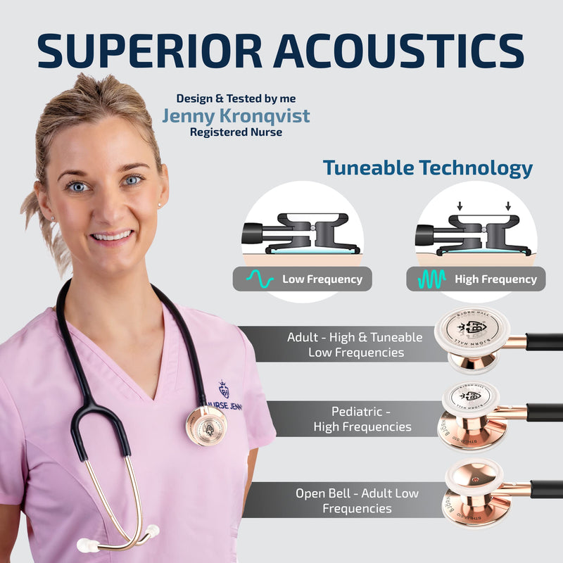 [Australia] - BJÖRN HALL Rose Gold Black Stethoscope with Designer Carrying Case | Stainless Steel Turnable Chest Piece | Super Lightweight 5.9oz| Perfect Gift for Nurses Veterinary & Students | Black Tubing RGB Black Rose Gold 