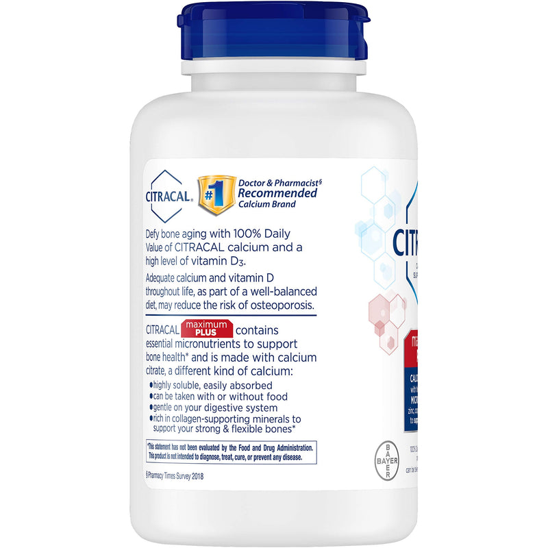 [Australia] - Citracal Maximum Plus Highly Soluble, Easily Digested, 630 mg Calcium Citrate With 1000 IU Vitamin D3, Bone Health Supplement for Adults, Caplets, 180 Count 