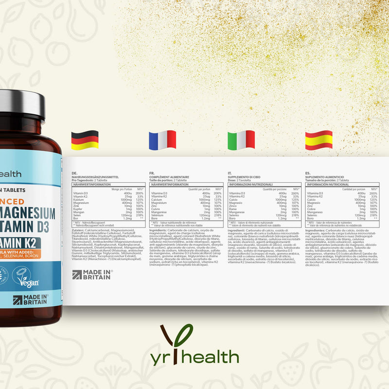 [Australia] - Calcium, Magnesium, Zinc and Vitamin D Plus Vitamin K2 MK-7 Tablets - Osteo Supplement - Vegan Tablets not Capsules 180 Count - Made in The UK by YrHealth 