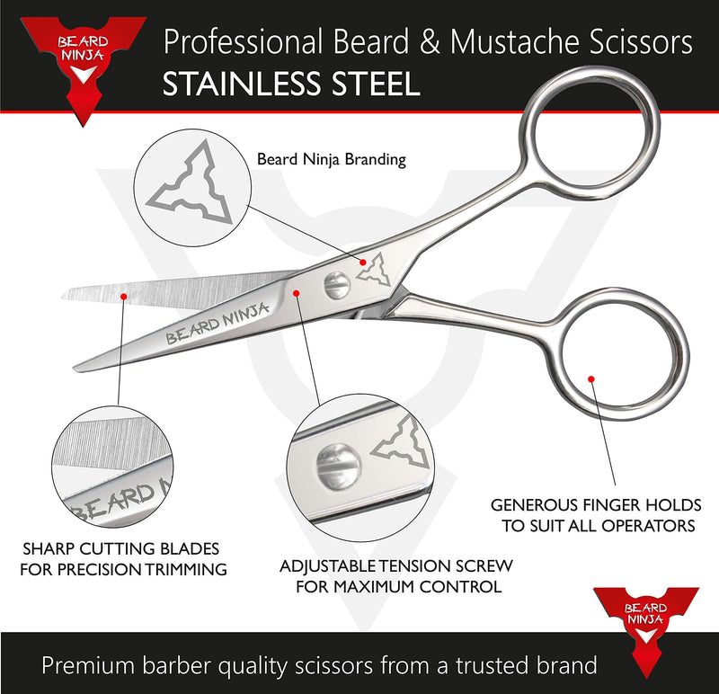 [Australia] - BEARD NINJA - Professional Beard Scissors for Men. Moustache & Beard Trimming Scissors +PU Leather case. Beard Grooming kit. Sharp Scissor - Precise Shaping - Cutting Facial Hair, Nose Hair & Eyebrow 4.5 Inch Black Carry Case 