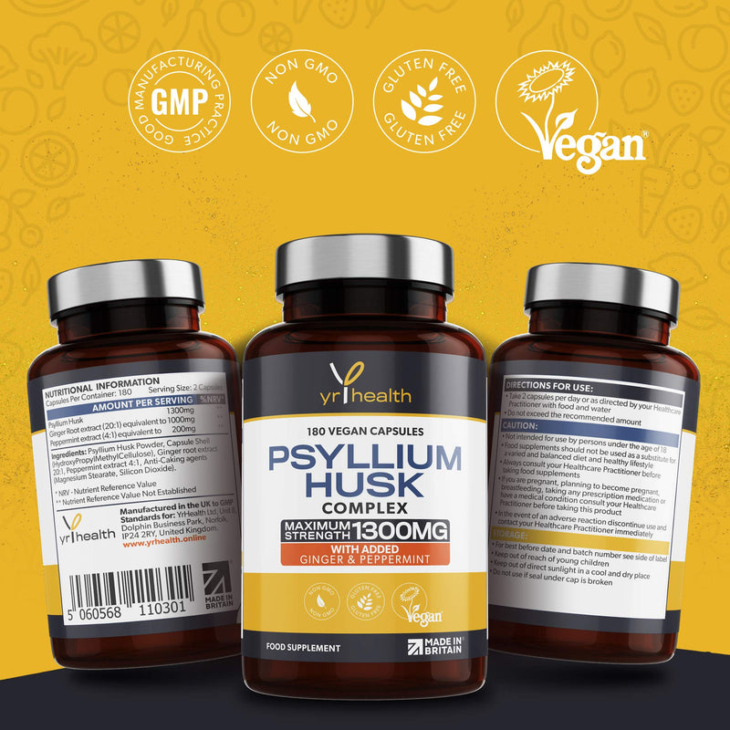 [Australia] - Psyllium Husks Capsules - 1300mg Fibre Supplement - 180 Vegan Capsules with Added Peppermint & Ginger - 2 Capsules not Tablets Per Serving - Plantago Ovata Plant Seeds - Made in The UK by YrHealth 