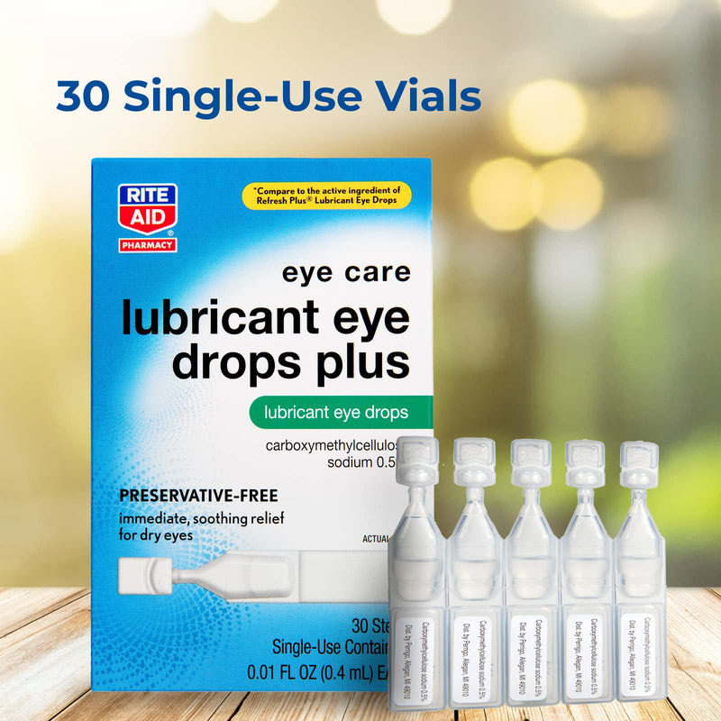 [Australia] - Rite Aid Lubricant Eye Drops Plus - 30 Vials | Carboxymethylcellulose Sodium 0.5% | Sterile, Preservative-Free, Single Use Containers | Eye Drops for Dry Eyes | Artificial Tears | Refresh Tears 