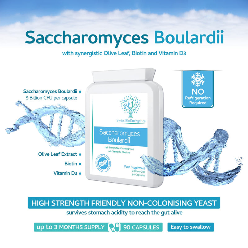 [Australia] - Saccharomyces Boulardii 5 Billion CFU 90 Capsules - No Refrigeration Required - High Strength Non-Colonising Yeast with synergistic Olive Leaf, Biotin and Vitamin D3 