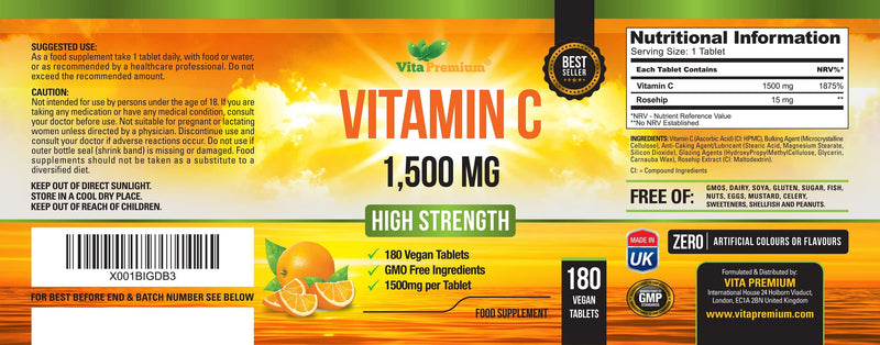 [Australia] - Vitamin C 1500mg per Tablet, High Strength 180 Vegan Tablets, Food Supplement, 6 Month Supply - Made in UK 
