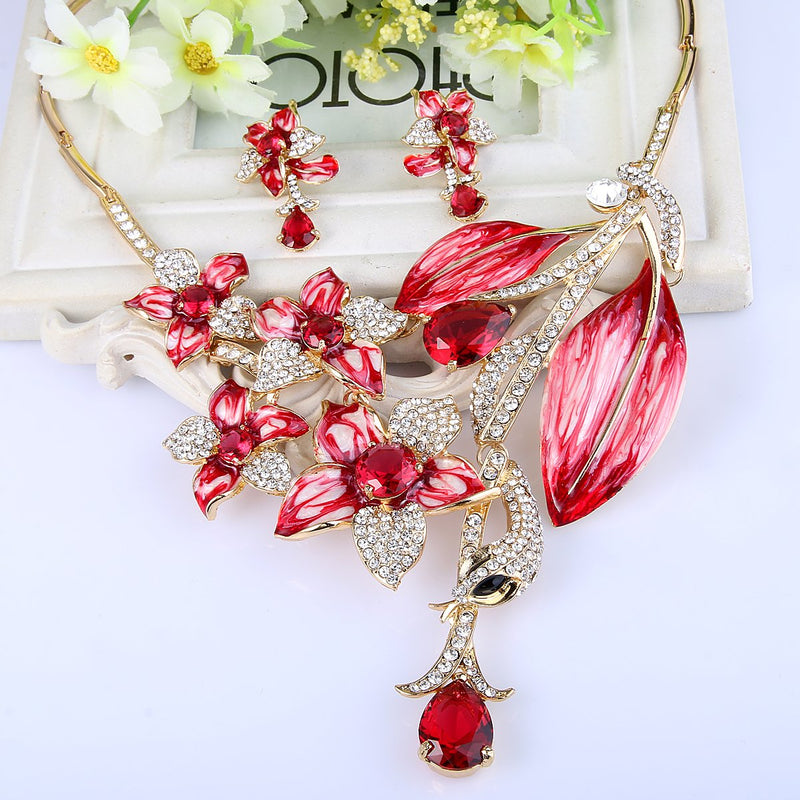 [Australia] - EVER FAITH Hibiscus Leaf Necklace Earrings Set Cubic Zirconia Crystal Gold-Tone Red 