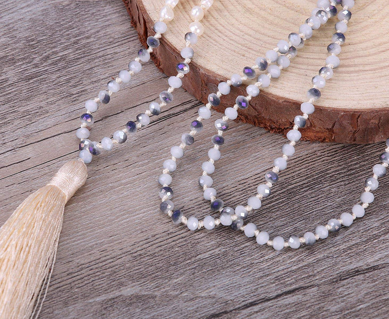 [Australia] - KELITCH Long Tassel Necklace Handmade Shell Pearl Crystal Beads Necklace for Women White Beige 