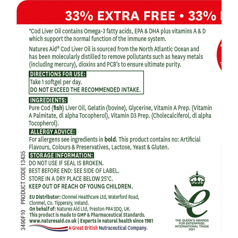[Australia] - Natures Aid Cod Liver Oil 550 mg 120 Softgel Capsules (Providing 120 mg Omega-3, with Vitamins A and D, For The Normal Function of the Immune System, Purity Guaranteed, Made in the UK) 