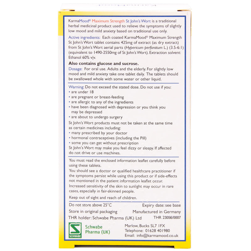 [Australia] - Schwabe Pharma KarmaMood Maximum Strength - St John's Wort Extract 425mg - Traditionally Used for Low Mood and Mild Anxiety - Traditional Herbal Medicinal Product - 60 Tablets 60 Count (Pack of 1) 
