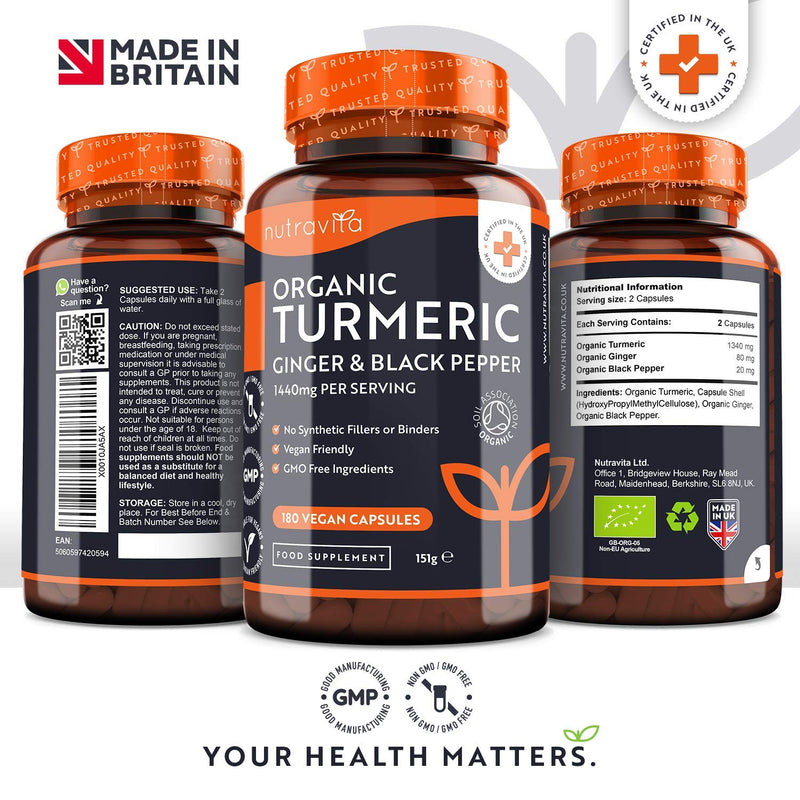 [Australia] - Organic Turmeric 1440mg (High Strength) with Black Pepper & Ginger - 180 Vegan Turmeric Capsules (3 Month Supply) – Organic Turmeric with Active Ingredient Curcumin - Made in The UK by Nutravita 