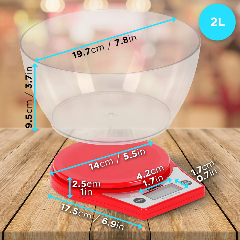 [Australia] - Duronic Kitchen Scales with Bowl for Baking KS6000RD/CR Red 2L Clear Bowl 5kg Capacity Tare | 1g Precision | Postal Parcel Weigh Red/Clear 