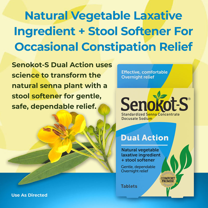 [Australia] - Senokot-S Dual Action Natural Vegetable Laxative Ingredient Plus Stool Softener Tablets, Docusate Sodium, Senna Concentrate, Gentle, Overnight Relief From Occasional Constipation, 60 ct 60 Count (Pack of 1) 