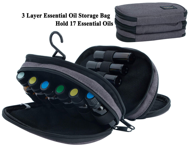 [Australia] - Essential Oil Storage with Clear Accessories Pocket - Essential Oil Carrying Case Holds 12 Bottle 5ml-15ml Vials and 5 Roller Bottles - Three-Layers Essential Oil Organizer Bag with Hook (Grey) Grey 