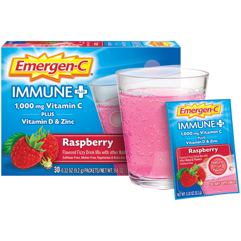 [Australia] - Emergen-C Immune+ 1000mg Vitamin C Powder, with Vitamin D, Zinc, Antioxidants and Electrolytes for Immunity, Immune Support Dietary Supplement, Raspberry Flavor - 30 Count/1 Month Supply 