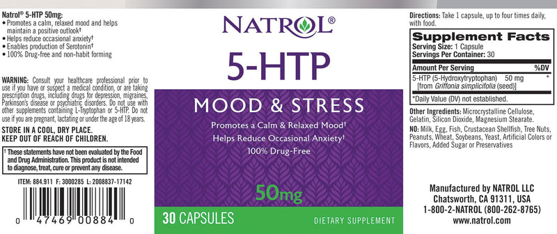 [Australia] - Natrol 5-HTP 50mg Capsules, 30-Count Capsule 30 Count (Pack of 1) 