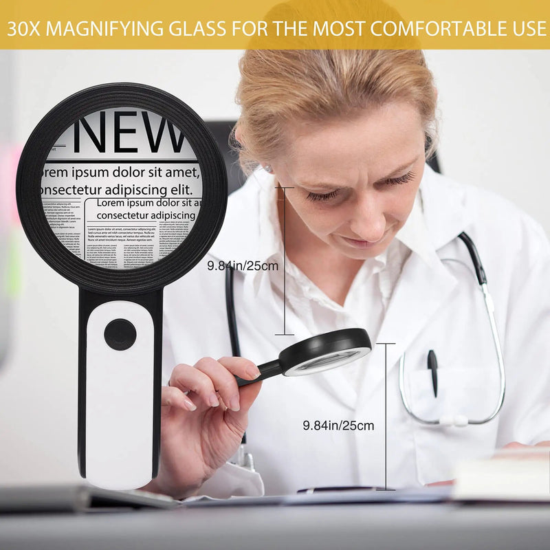 [Australia] - JMH Magnifying Glass with Light, 30X Handheld Large Magnifying Glass 18LED Cold and Warm Light with 3 Modes, Illuminated Lighted Magnifier for Seniors Reading, Inspection, Coins, Jewelry, Exploring Black 