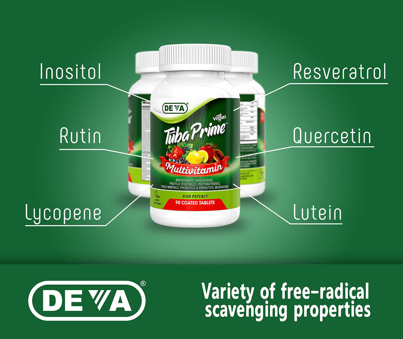 [Australia] - Deva Tuba Prime Vegan Multivitamin - High-Potency Vitamin and Mineral Dietary Supplement - Antioxidants, Fruit and Vegetable Blend, Super Mushrooms, Probiotics, Prebiotics, Seeds, Herbs - 90 Tablets Premium-Multivitamin 