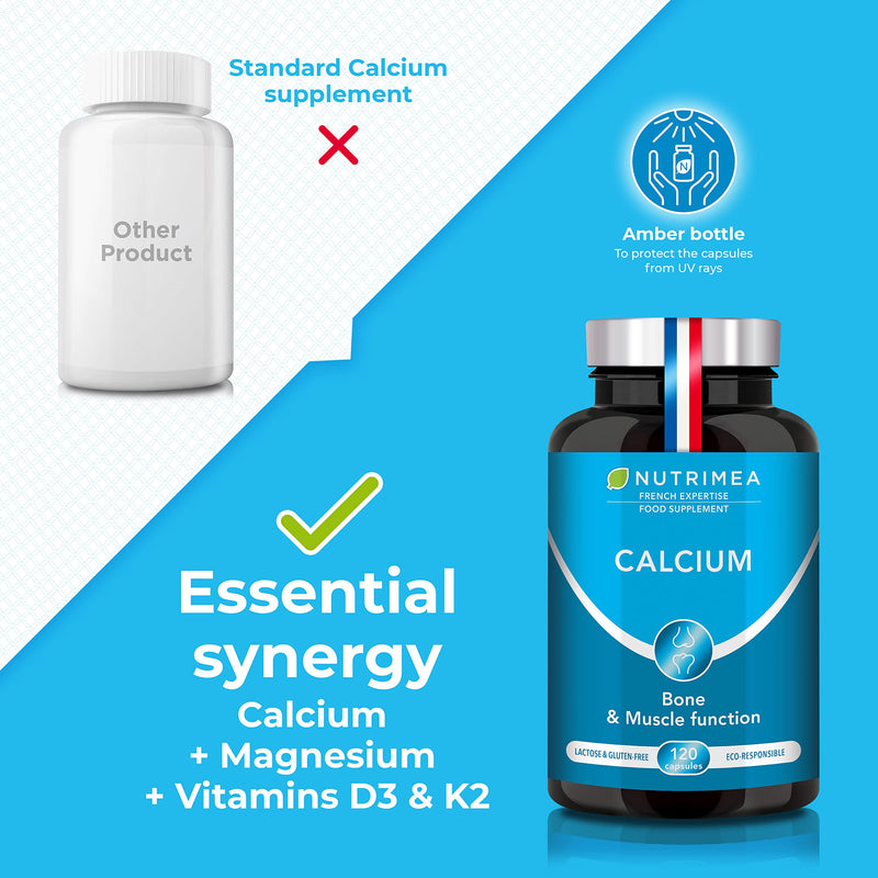 [Australia] - Calcium Magnesium Vitamin D3 & K2 | 120 Vegetarian Capsules | Bone Health Complex | Strengthens Bones and Muscles | Supports Bone Density | French Expertise 