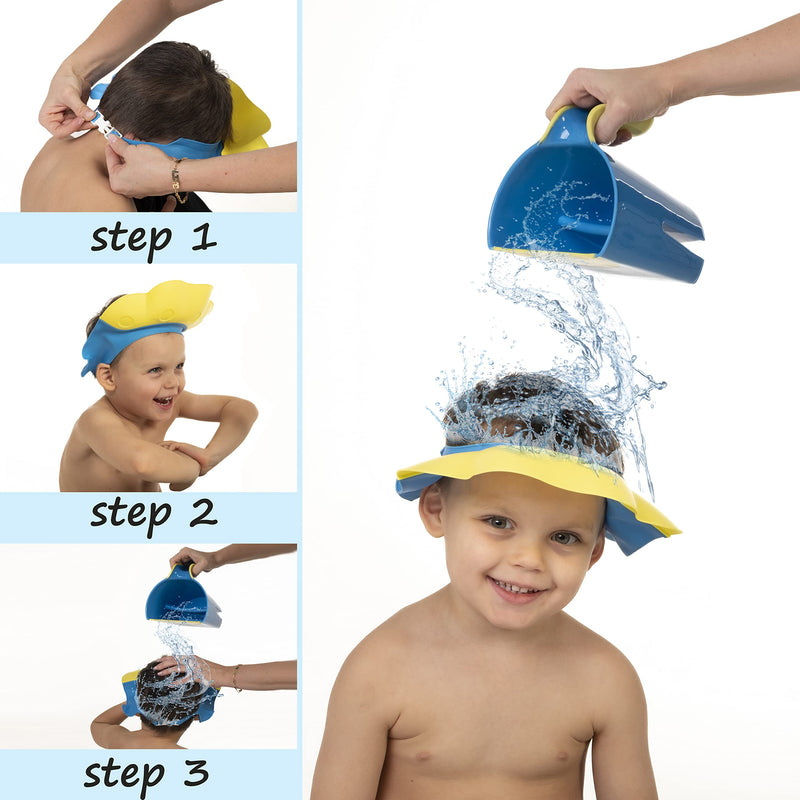 [Australia] - Bisoo Baby Shower Cap + Rinse Cup Set - Rinse Jug and Shower Visor for Children - Adjustable Bath Cap Set for Girls and Boys - Shampoo Cup, Protects Eyes and Ears, Baby Bath Visor, 6 Months+ 