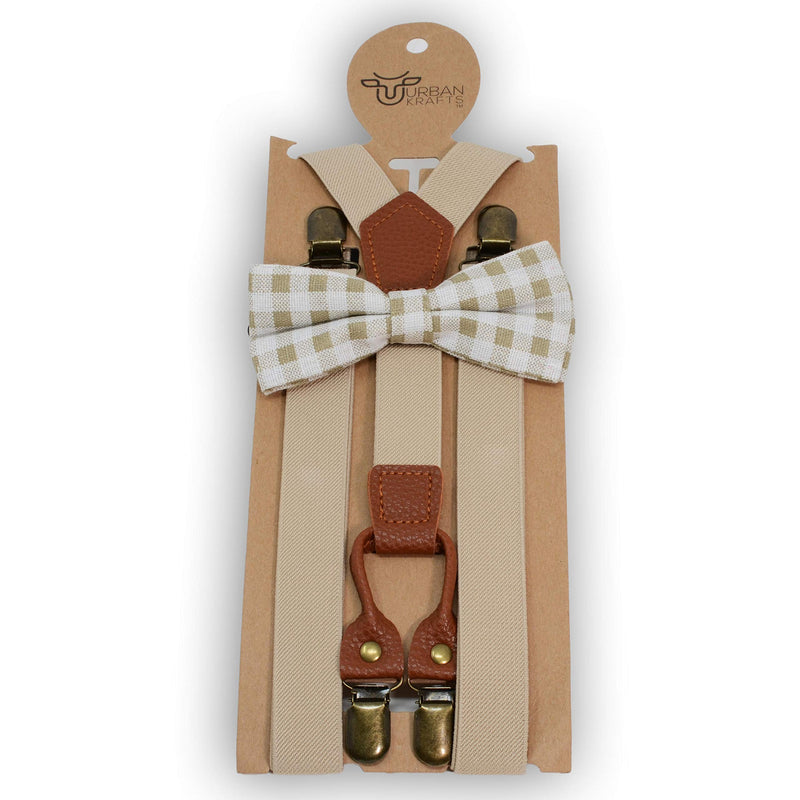 [Australia] - Suspenders and Bow Tie Set Adjustable for Men Dad Beige With Beige Bowtie 