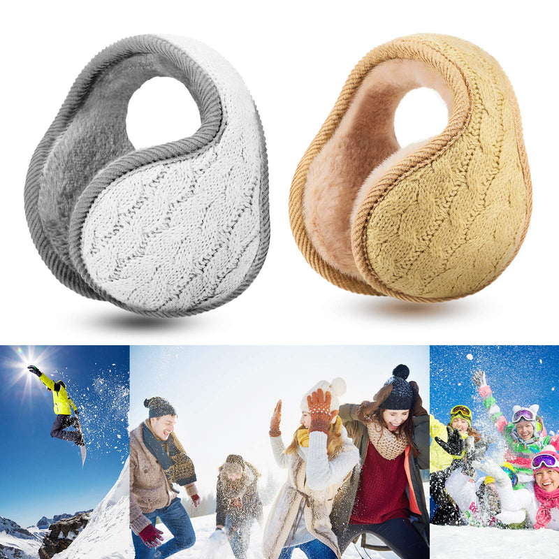 [Australia] - 2 Pieces Foldable Ear Warmers Adjustable Knitted Earmuffs with Fuzzy Fleece Lining Unisex Furry Winter Earmuffs (White and Linen Color) 