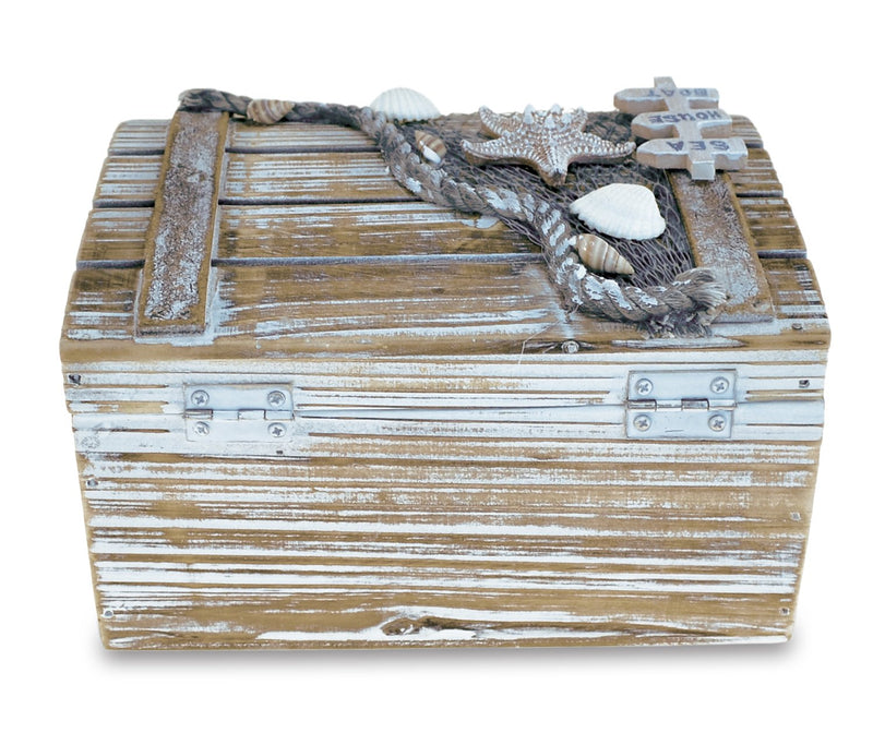 [Australia] - Puzzled Baja Medium Rustic Wood Nautical Jewelry Box, 6.75" x 3.75" Handcrafted Hinged Lid Starfish Seashell Decor Keepsake Desk Organizer or Gift Box for Rings & Trinkets - Beach Home Decor Stash 