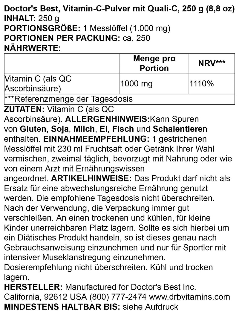[Australia] - Doctor's Best Vitamin C Powder with Quali-C, Healthy Immune System, Brain, Eyes, Heart and Circulation, Joints, Sourced from Scotland, 250G, 8.8 Ounce (Pack of 1) 