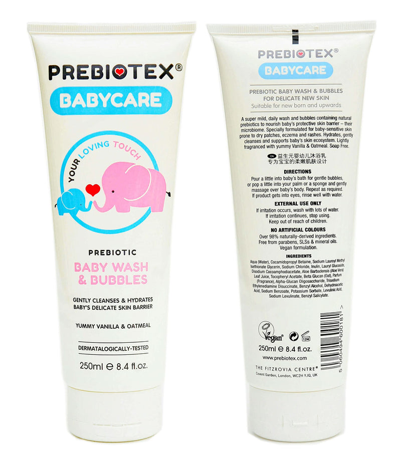 [Australia] - PREBIOTEX Baby Wash & Bubbles｜UK Brand | Sensitive Skin & Dry Skin Patches｜BIG 250ml｜Supports Baby's Skin Microbiome｜Cleanses Moisturises Protects｜Natural Prebiotics & Oatmeal | VEGAN-Society Approved 