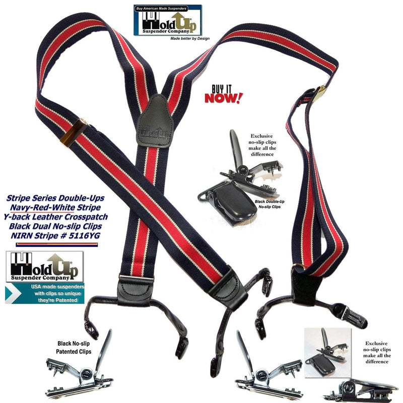 [Australia] - HoldUp American made Navy Blue with Red Striped Dual Clip Double-up Style Suspenders 