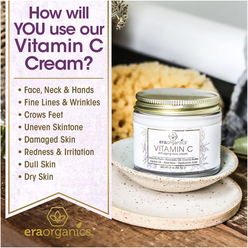[Australia] - Era Organics Vitamin C Face Cream - Super Revitalizing Hyaluronic Acid Vitamin C Moisturizer For Face & Neck, Face Brightening Cream With Kakadu Plum, Jojoba Oil, Vitamin E For Wrinkles, Fine Lines 