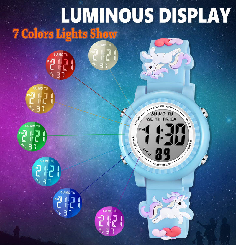 [Australia] - Venhoo Kids Watches 3D Cartoon Waterproof 7 Color Lights Toddler Digital Wrist Watch with Alarm Stopwatch for 3-10 Year Girls Little Child Blue 