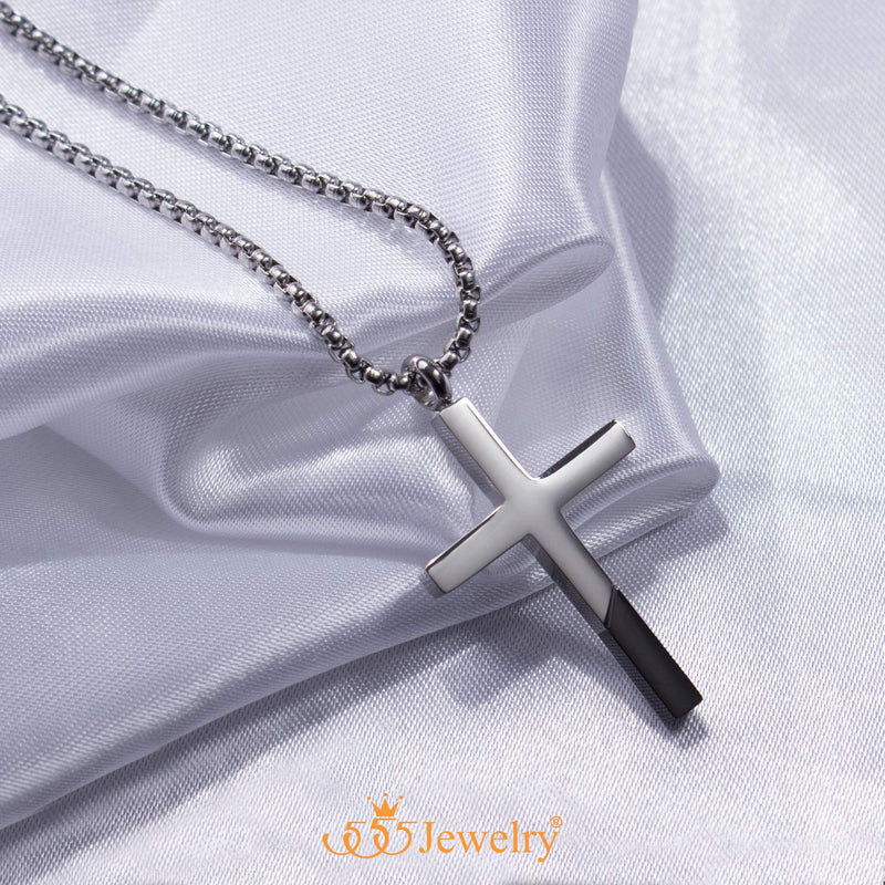 [Australia] - 555Jewelry Cross Necklace for Men Women, Stainless Steel Pendant with 16-24” Chain Silver / Black 18.0 Inches 