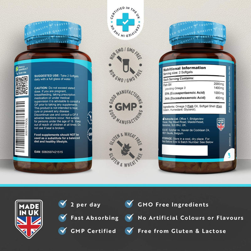 [Australia] - Highest Strength Omega 3 Fish Oil 2000mg - Providing 1000mg EPA & 400mg DHA per Serving - Sustainably Sourced & Contaminant Free - Made in The UK by Nutravita 