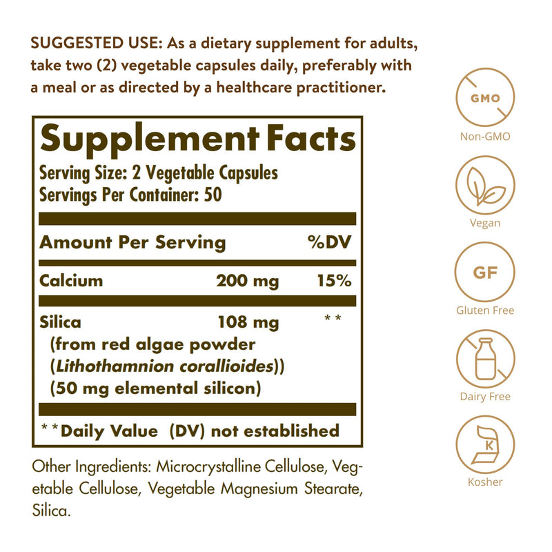 [Australia] - Solgar Oceanic Silica from Red Algae 25 mg, 100 Vegetable Capsules - Excellent Source of Calcium, Supports Bone Health - Non-GMO, Vegan, Gluten Free, Dairy Free, Kosher, 100 Count (Pack of 1) 100 Count (Pack of 1) Standard Packaging 