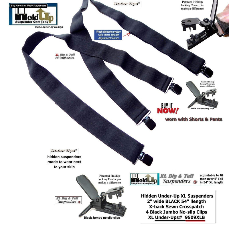 [Australia] - Holdup Brand 2" Wide Black XL hidden Undergarment Suspenders worn under your shirt with patented no-slip clips 