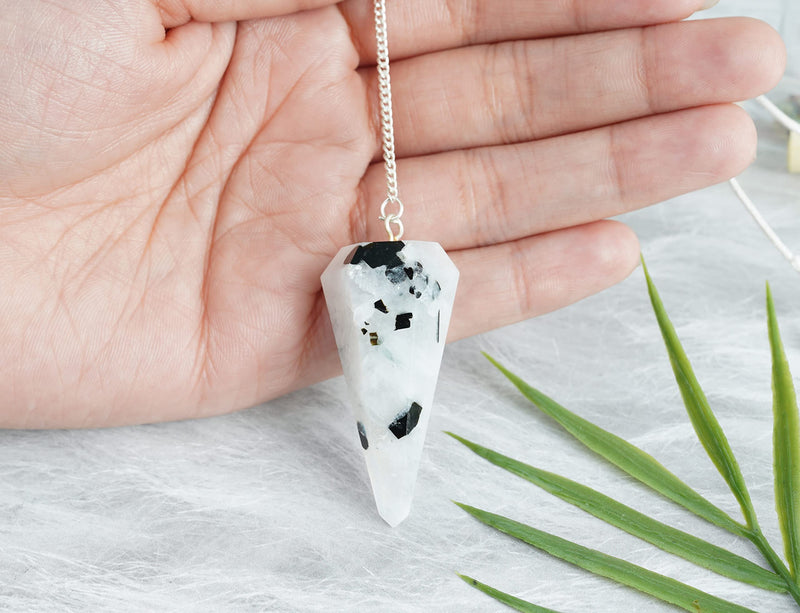 [Australia] - Crocon Rainbow moonstone tumbled Gemstone Engraved Rune Stones Set (25 Pcs) with Elder Futhark Alphabets & 1 Pendulum Meditation healing set Size: 15-20 mm 