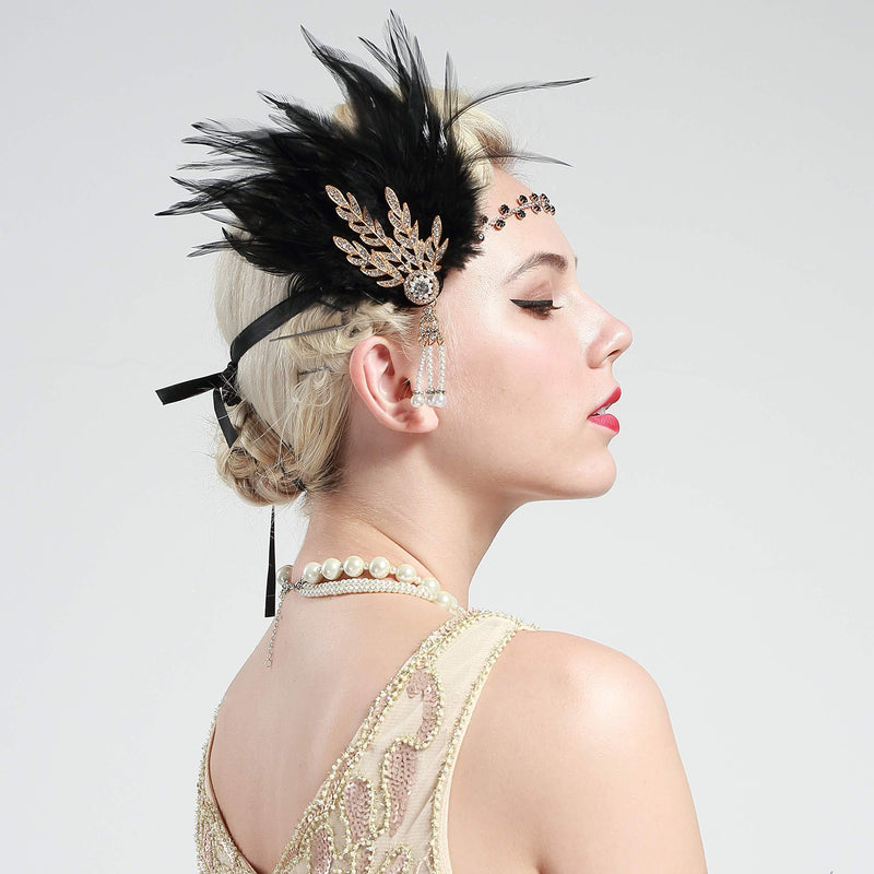 [Australia] - BABEYOND 1920s Flapper Headpiece Feather Headband Great Gatsby Headband 1920s Flapper Accessories Leaves Style for Art Deco Pageant Themed Party Gold 