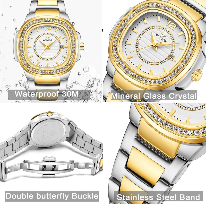 [Australia] - Womens Watches Stainless Steel Waterproof Elegant Crystal Square Dial Wrist Watches for Lady Analog Quartz Date Gold 