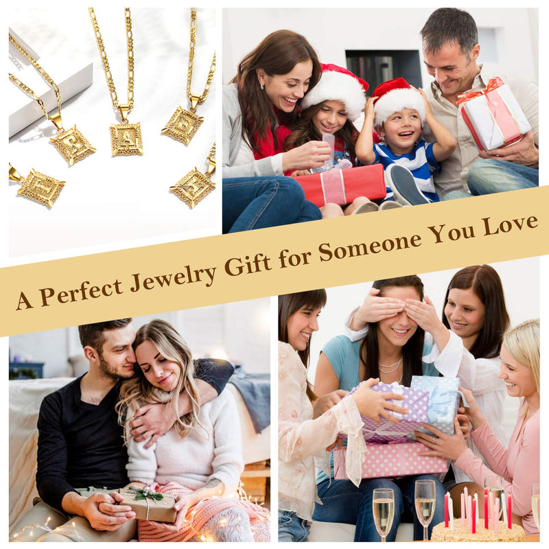 [Australia] - KissYan Initial Letter Pendant Necklace for Mens Womens, 18K Gold Plated Square Capital Monogram Necklace Alhpabets from A-Z Box Figaro Chain Necklace Hollow A hollow out 