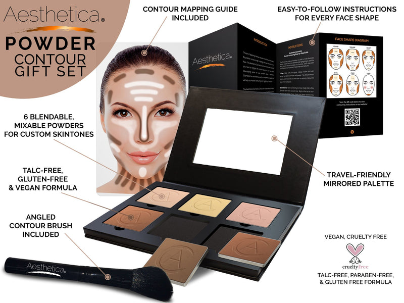[Australia] - Aesthetica Cosmetics Contour and Highlighting Powder Foundation Palette/Contouring Makeup Kit Gift Set; Easy-to-Follow, Step-by-Step Instructions Included 6 Shades + Brush 