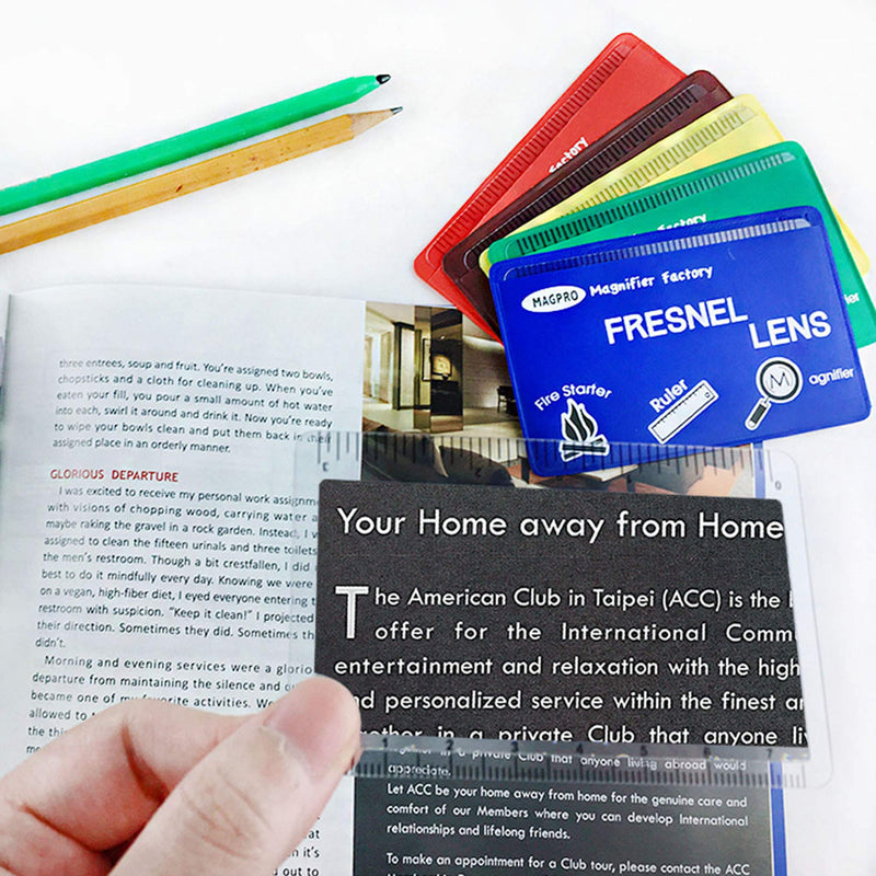 [Australia] - MagDepo 6 Pack Credit Card Size Magnifier Ruler Fire Starter Magnifying Glass Wallet Pocket Magnifier for Reading Small Print, Map, and Book-Blue 