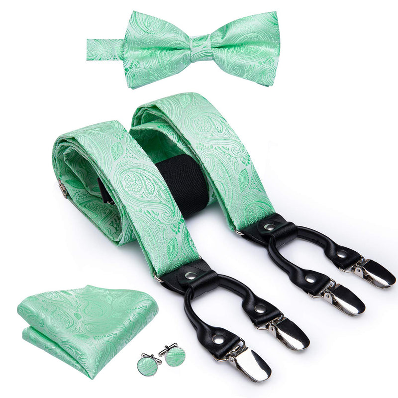 [Australia] - Dubulle Mens Clips Suspenders and Pre tied Bow Tie Set with Pocket Square Y Shape Adjustable Braces Mint Green 3046 