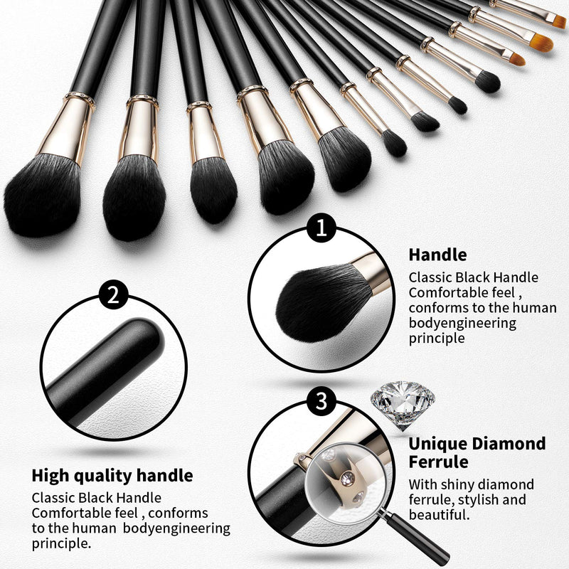 [Australia] - MIKOO-REMEI Makeup Brush Set, 12pcs Premium Synthetic Contour Blush Foundation Concealers Eye Shadows Eyebrow Cosmetic Brushes, with Soft Synthetic Hairs & Hand pasted Diamond 12 Black 